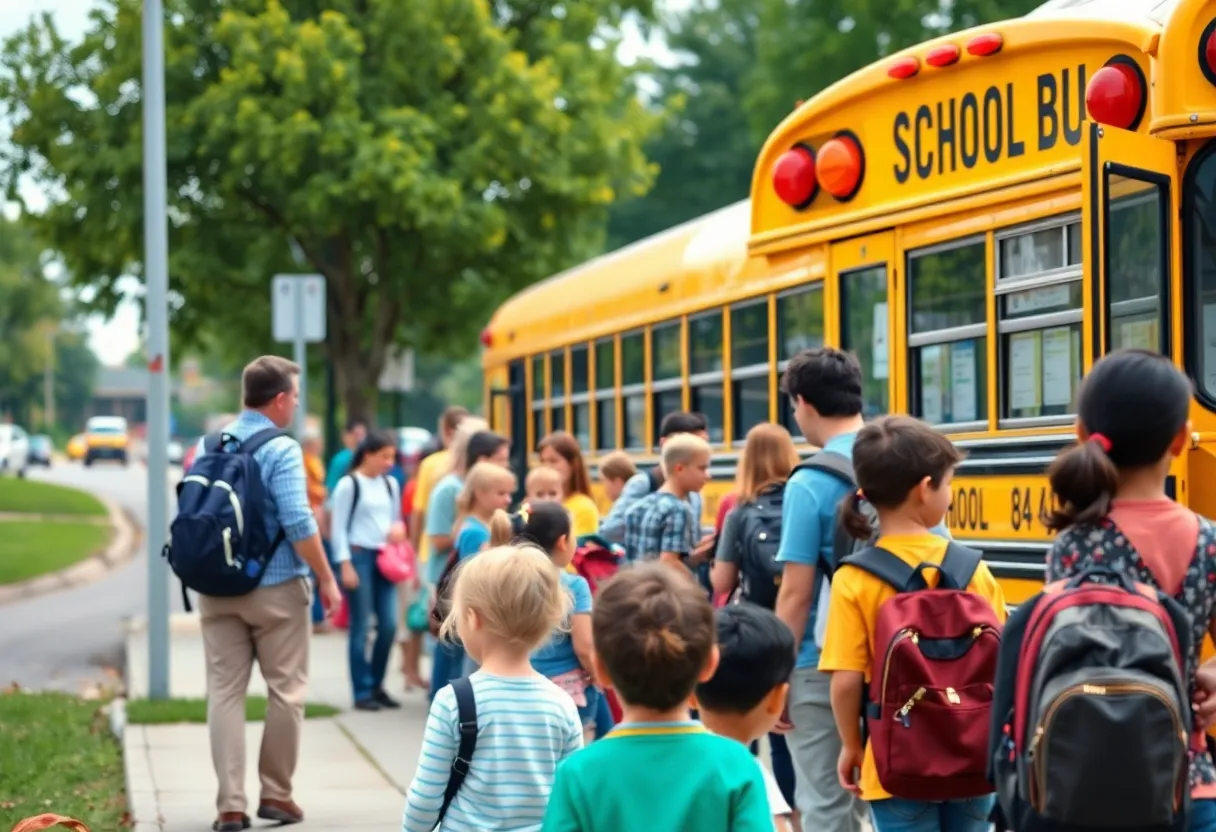 Concerned parents and children at a school bus stop in Charleston