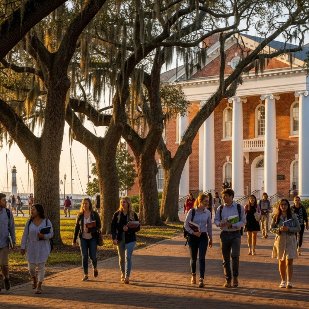 Charleston School of Law campus building with students and oak trees