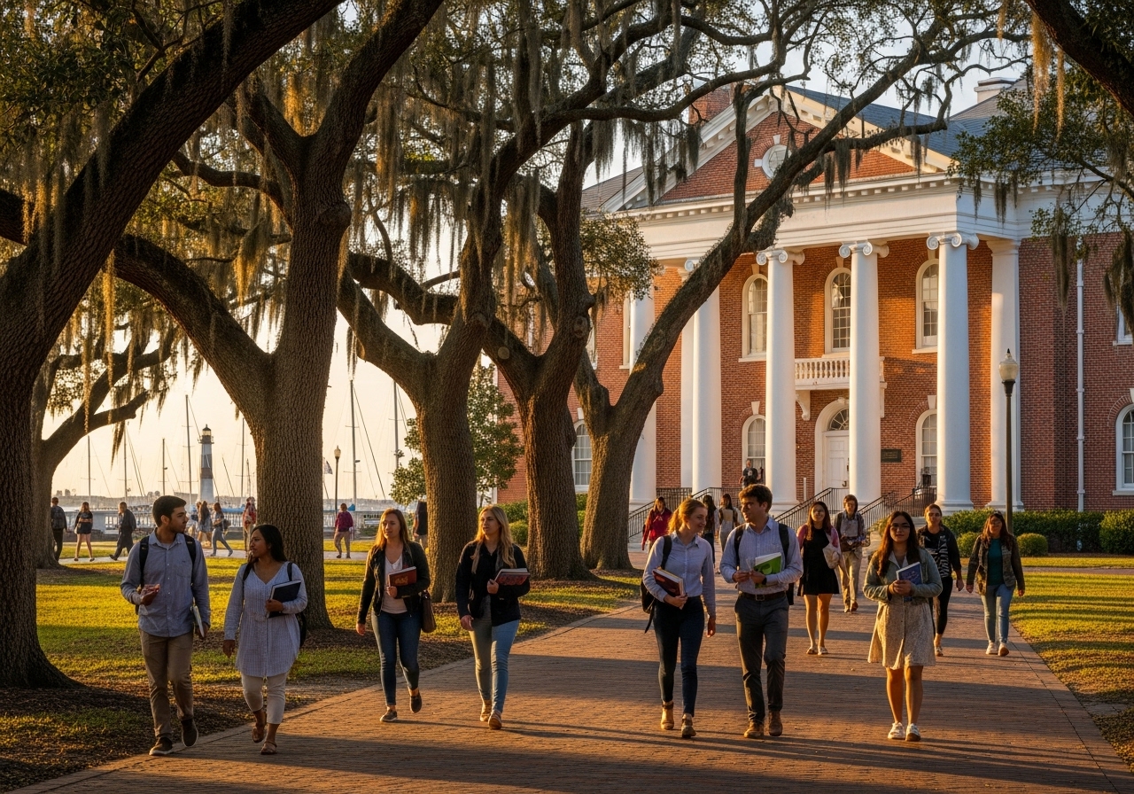 Charleston School of Law campus building with students and oak trees