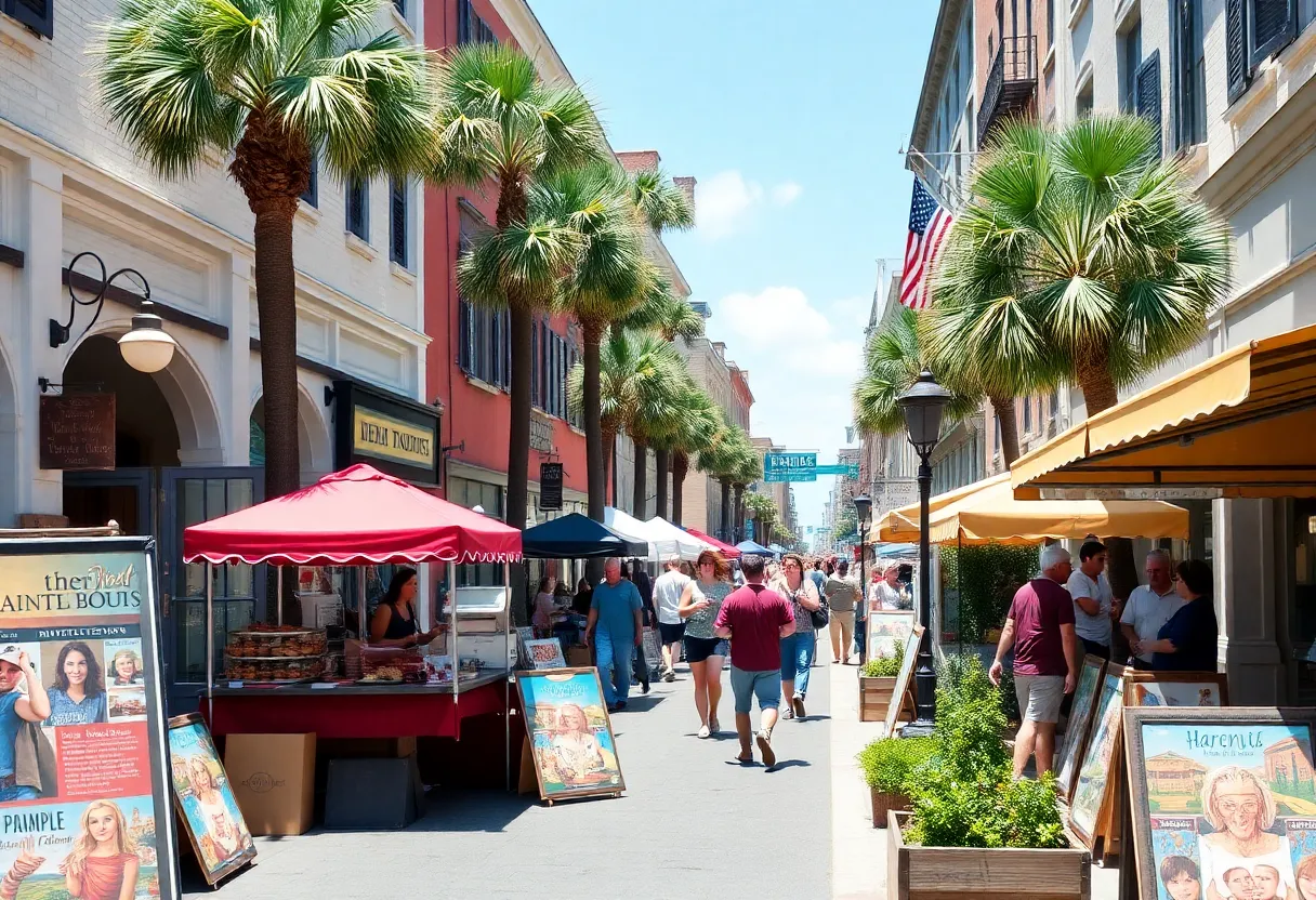 Charleston street scene during an event in September with food stalls and art displays.