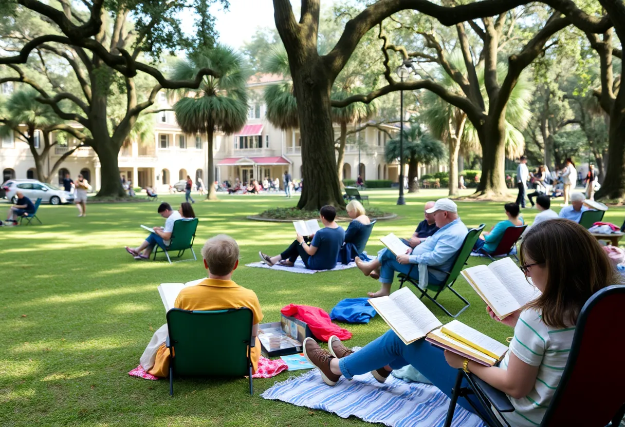 People reading at the Charleston silent reading party in Marion Square