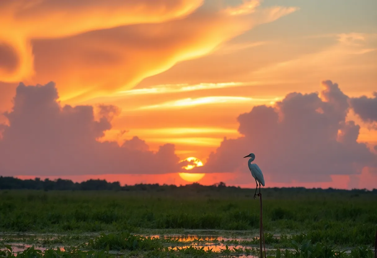 Artwork of a white heron in a Lowcountry marsh at sunset