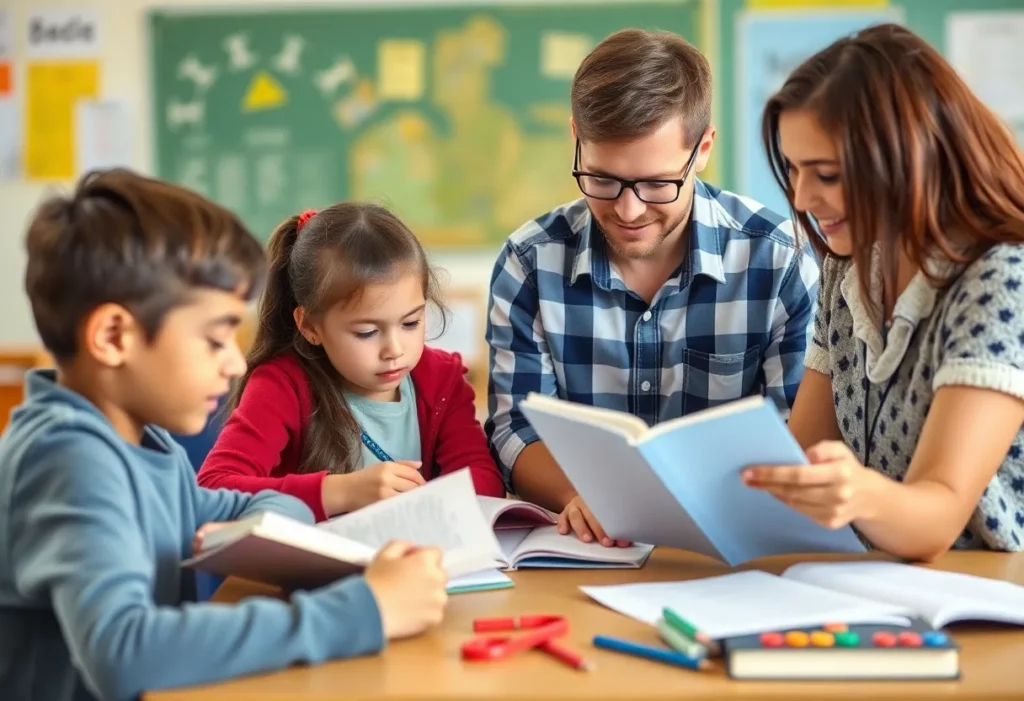 Tutors helping students in a classroom.