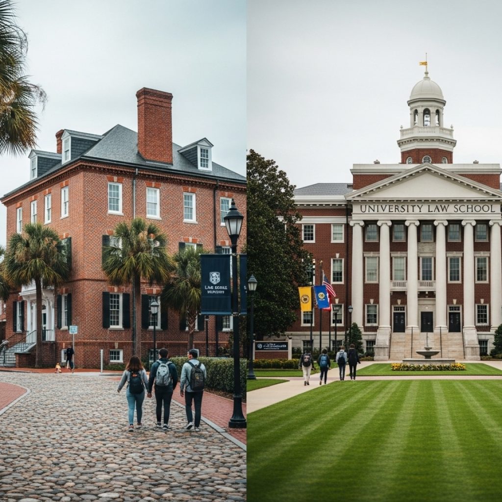 Split view of two law school campuses, historic brick buildings, students walking and landscaped grounds