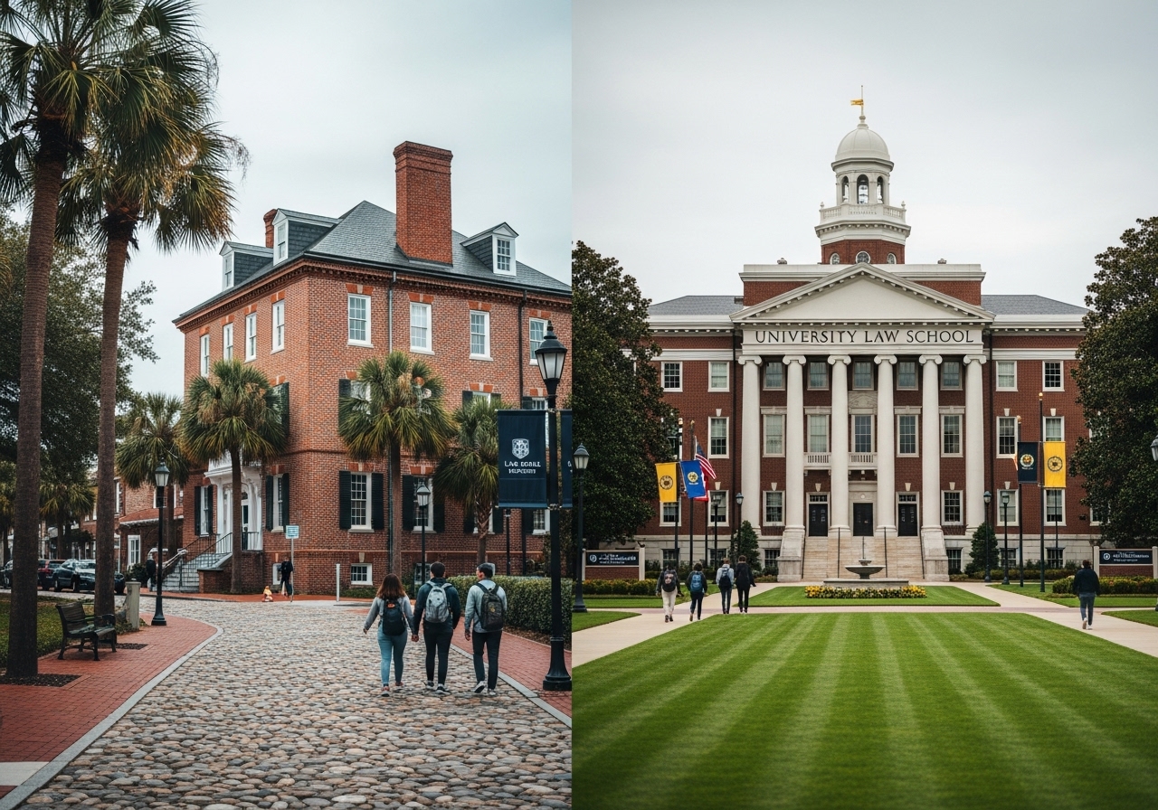 Split view of two law school campuses, historic brick buildings, students walking and landscaped grounds