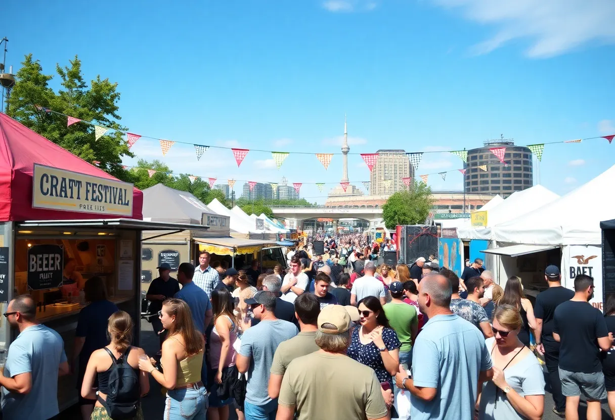 A lively scene from the Charleston Beer Fest with attendees enjoying craft beers and food trucks.