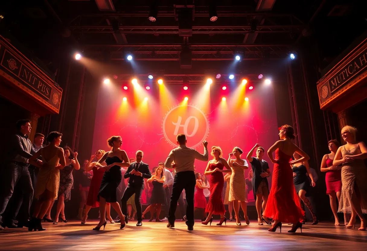 Actors performing in the Chicago musical on stage with dramatic lighting.