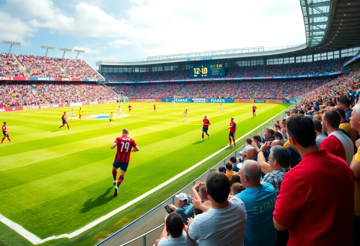 College of Charleston players celebrating a goal during a soccer match against North Carolina.