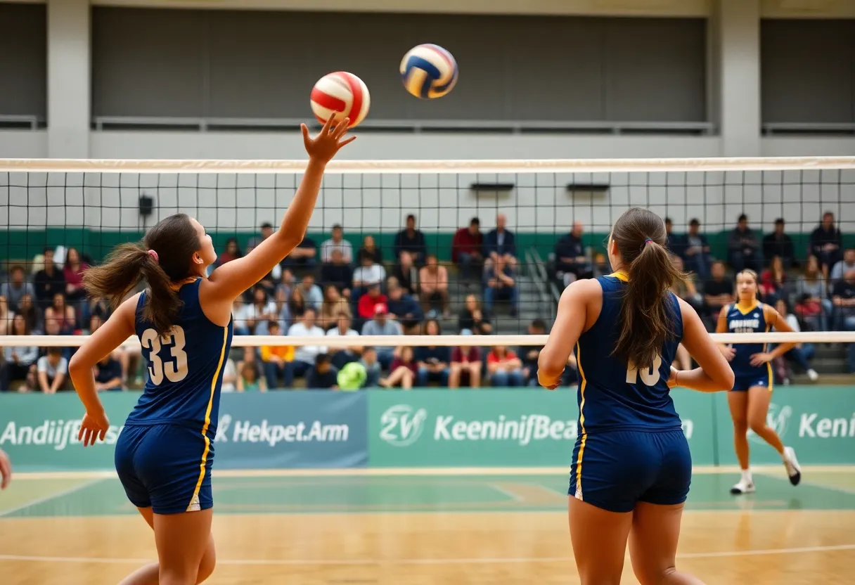 Players of College of Charleston Women's Volleyball Team competing on the court