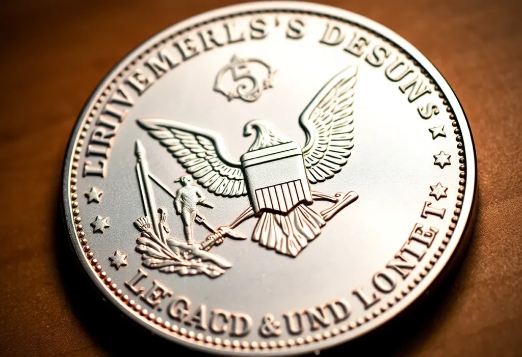 Proposed design for a commemorative coin honoring a notable figure with historical symbols.