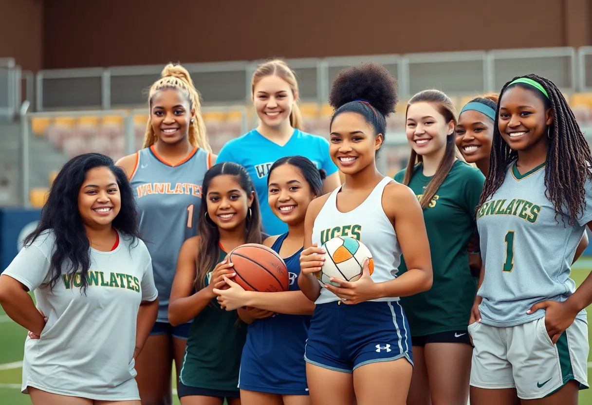 Group of female athletes advocating for fair treatment in college sports.