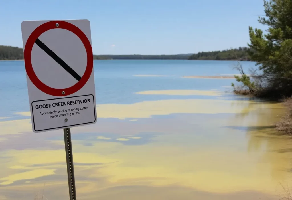 View of Goose Creek Reservoir with warning signs about algal bloom