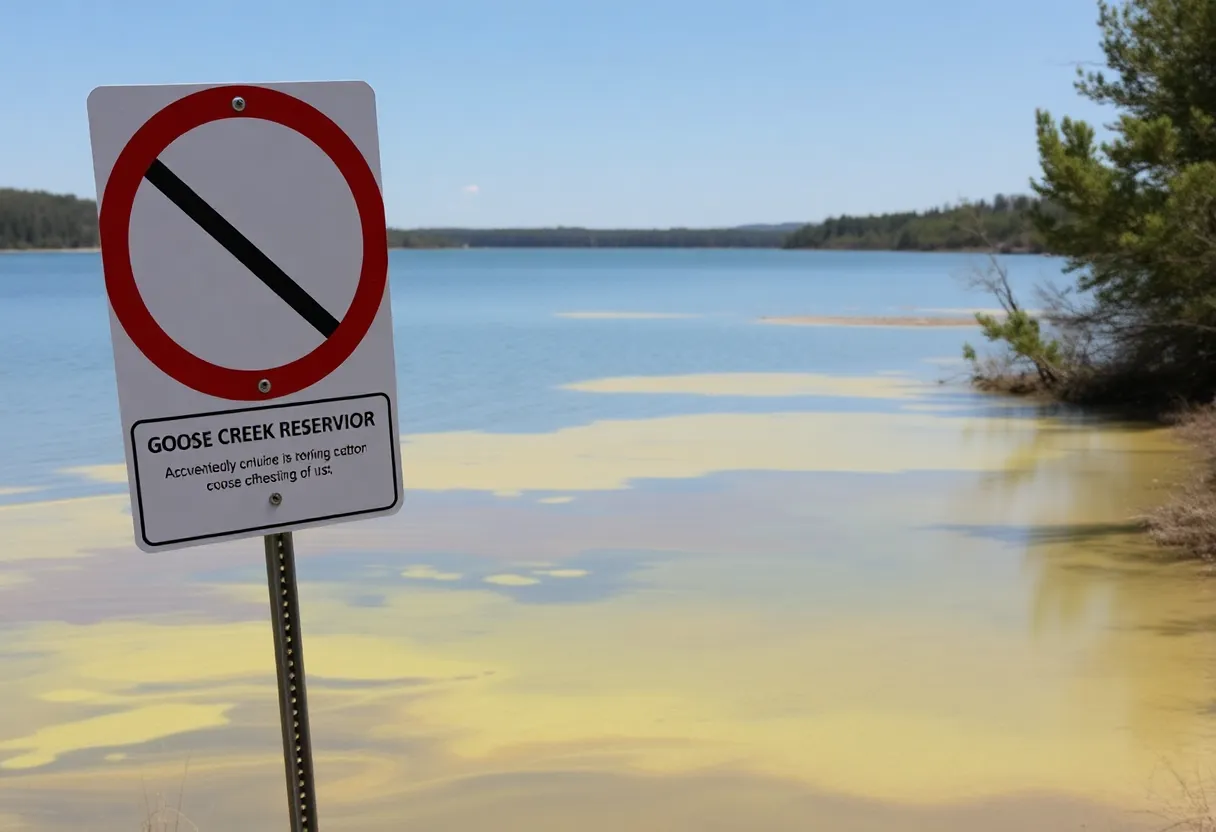 View of Goose Creek Reservoir with warning signs about algal bloom