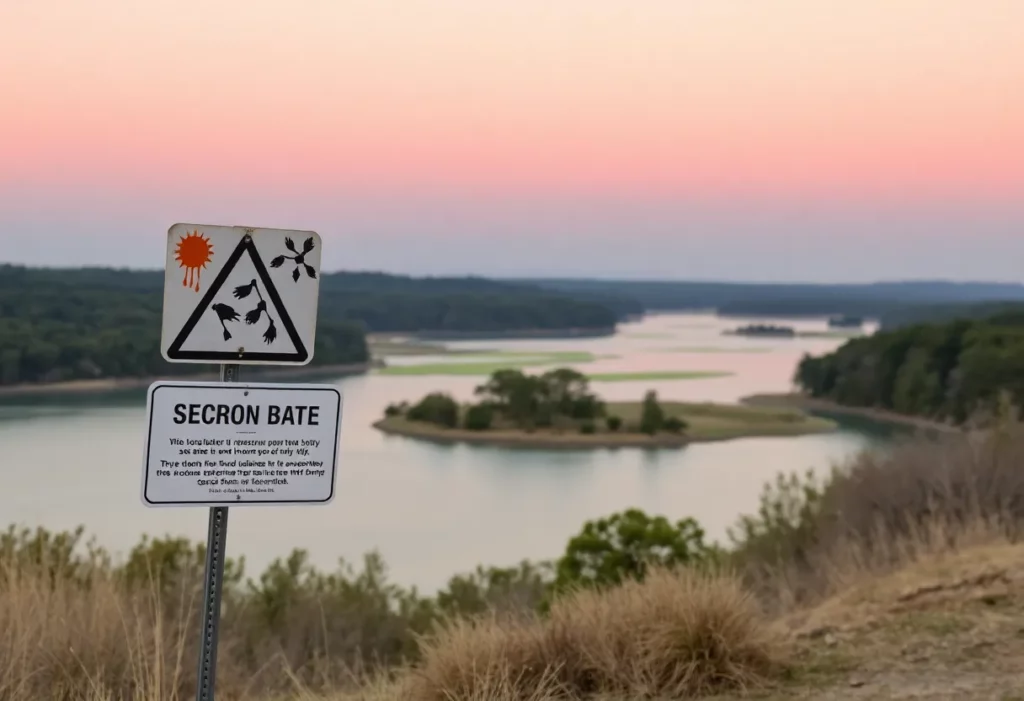 Warning sign at Goose Creek Reservoir regarding algal bloom