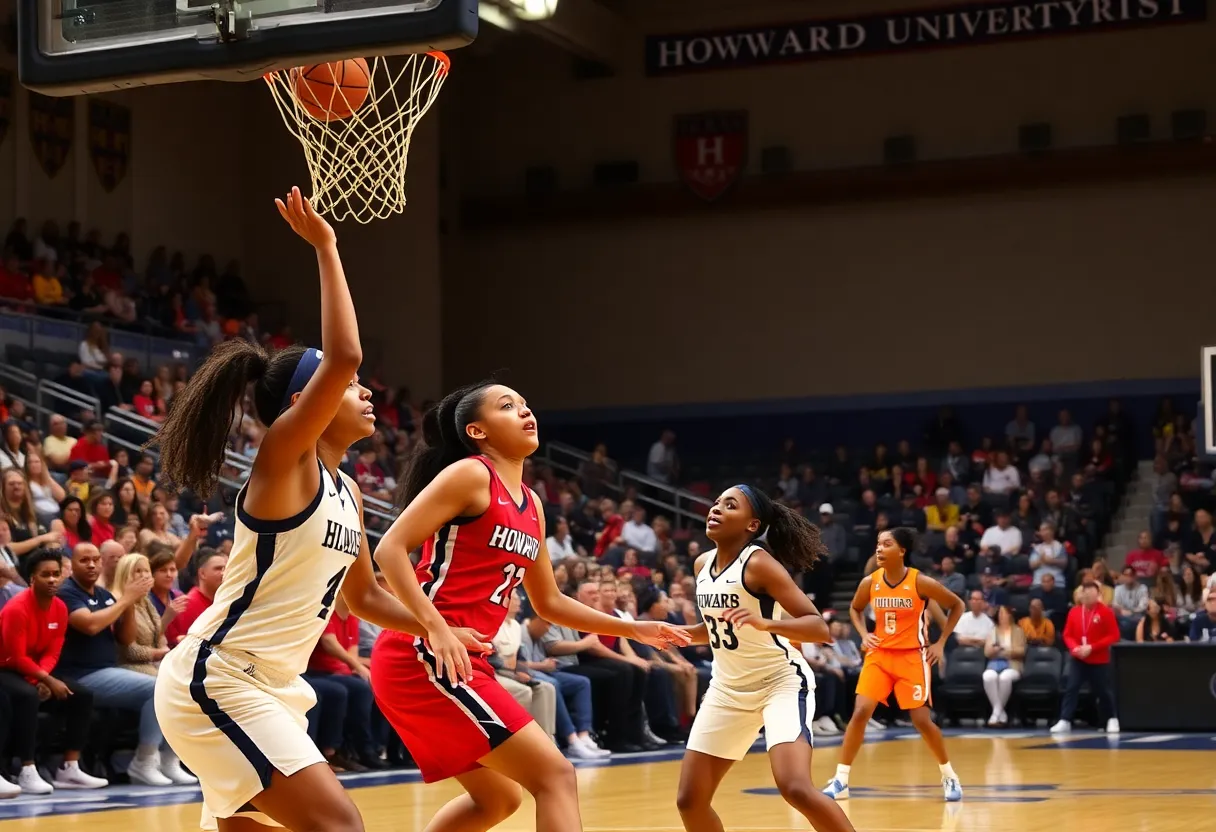 Action shot of Howard University women's basketball team during a game