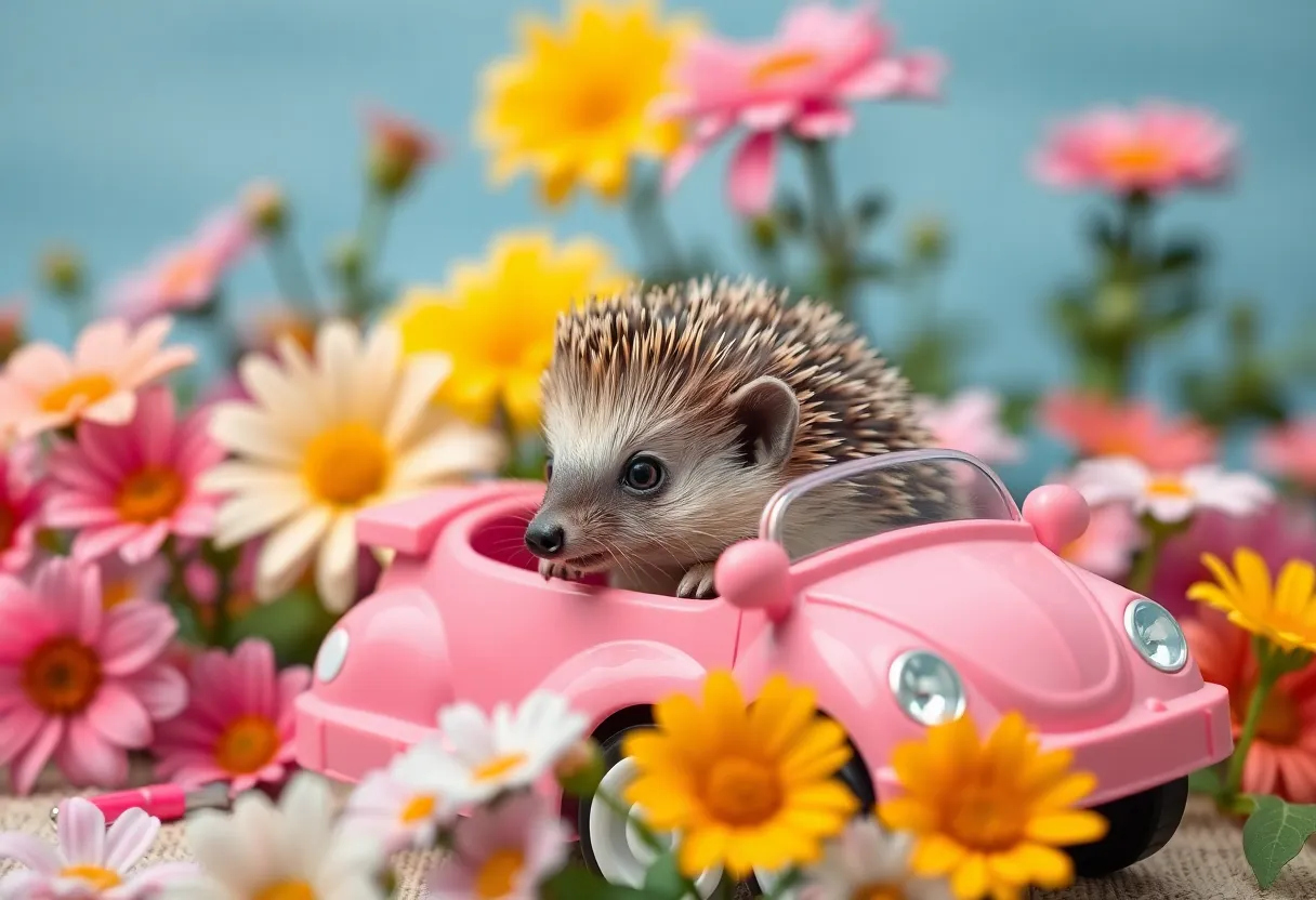 Lenni the hedgehog driving a pink toy car
