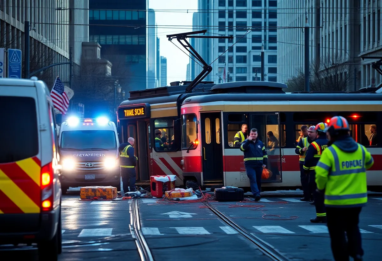 Scene showing emergency responders at the Lisbon streetcar derailment site