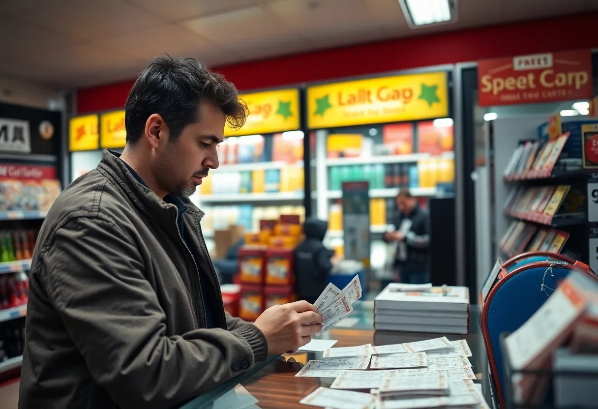 Image depicting lottery tickets at a convenience store, symbolizing lottery fraud.
