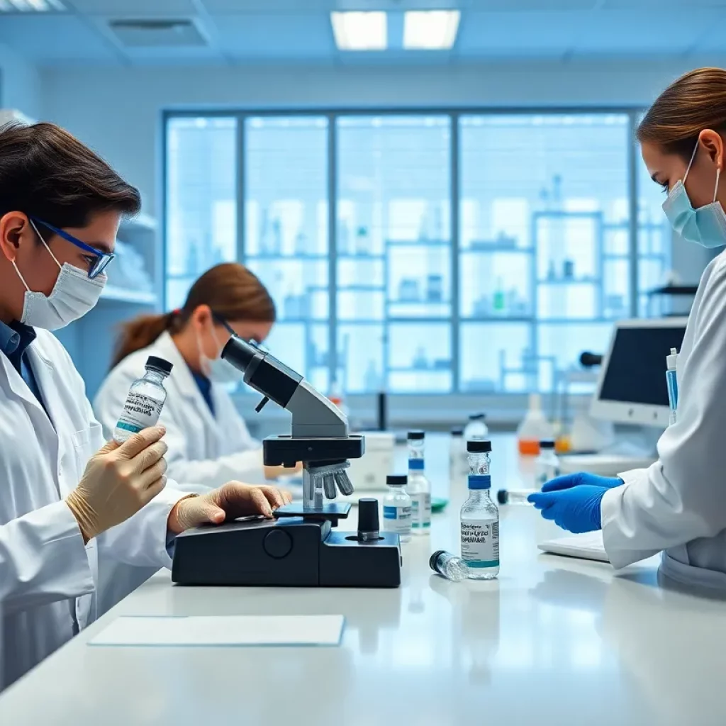 Scientists conducting mRNA vaccine research in a lab.