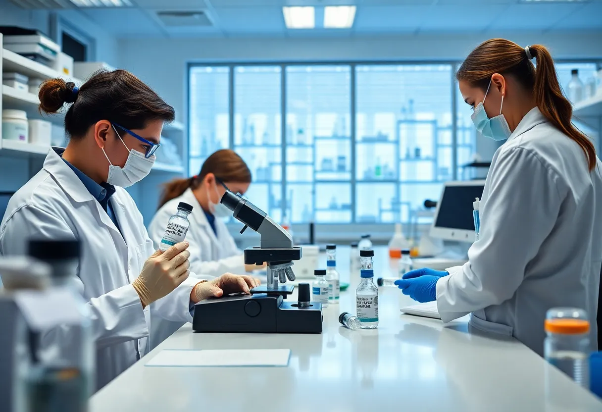 Scientists conducting mRNA vaccine research in a lab.