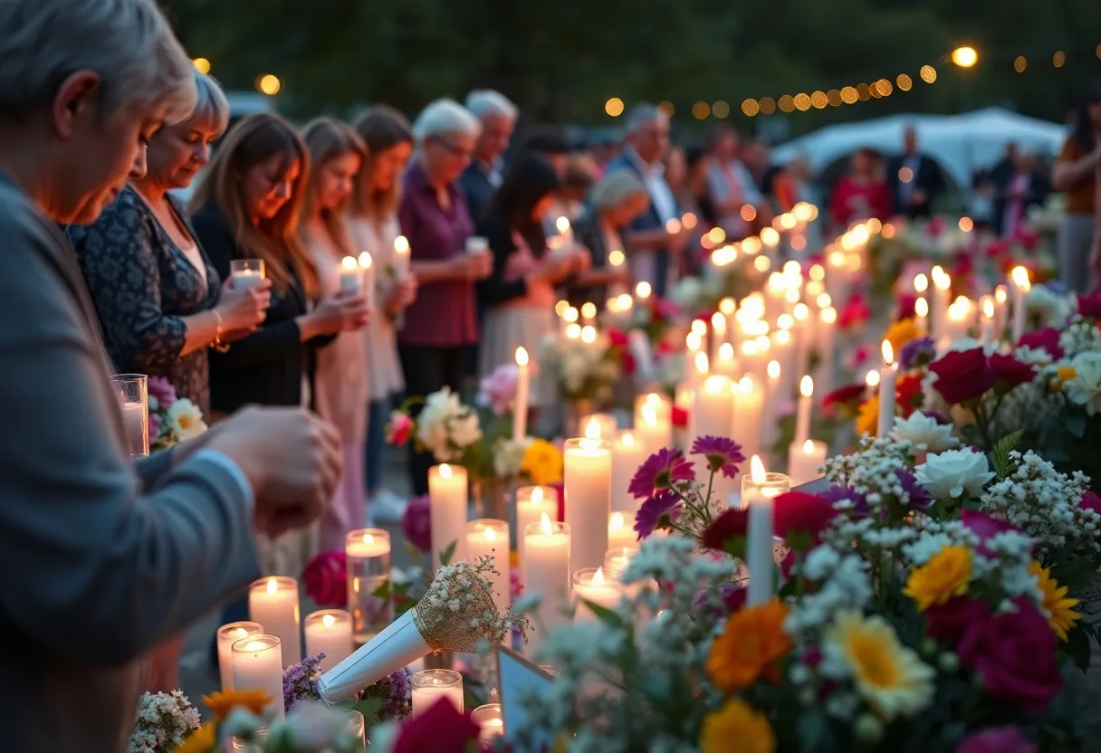 Candlelight memorial gathering for Dr. Heather Hall with attendees sharing their memories.