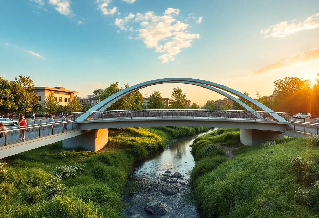 Construction of Noisette Creek Pedestrian Bridge with double rainbow arches.