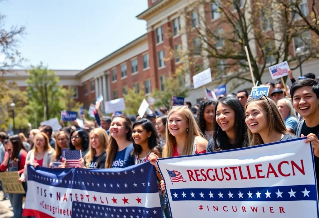A diverse group of young Republicans promoting conservative values at a campus event.