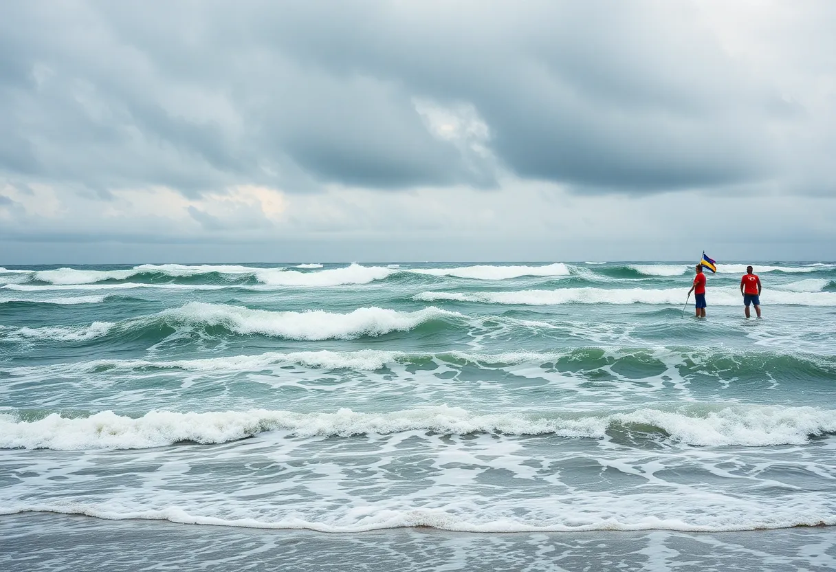 Warning signs at Charleston beach indicating rip current danger