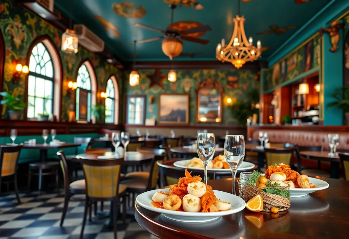 Elegant dining setup at Rivayat Indian seafood restaurant in Charleston