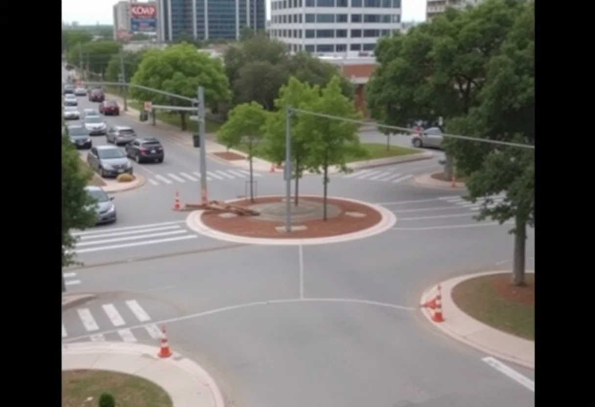 Construction site of a roundabout at Main Road and River Road with tree removals