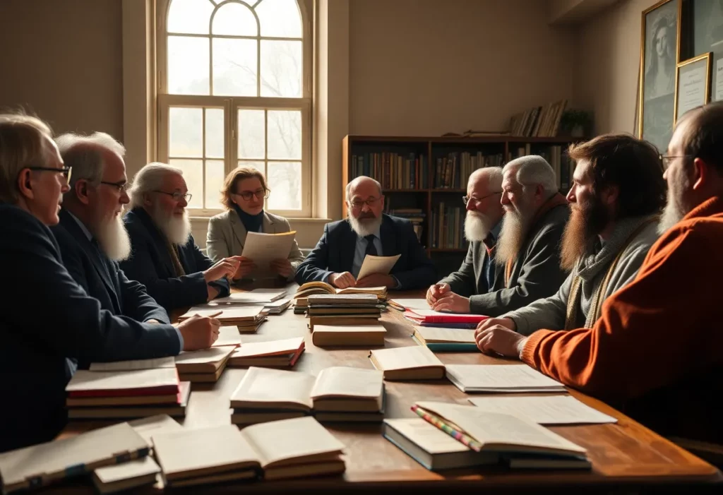 Scholars engaging in a deep discussion about political history and parallels in a classroom.