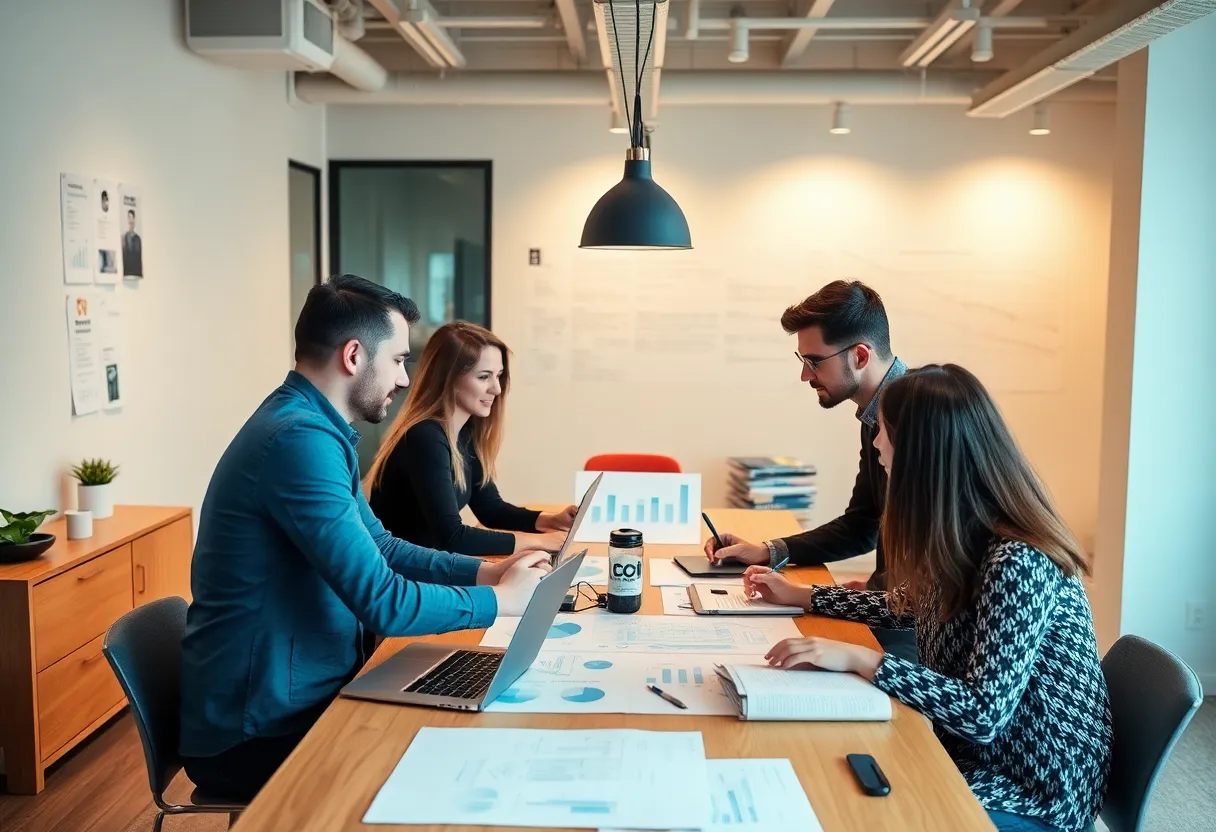 Team collaborating in a creative office space representing employer branding.