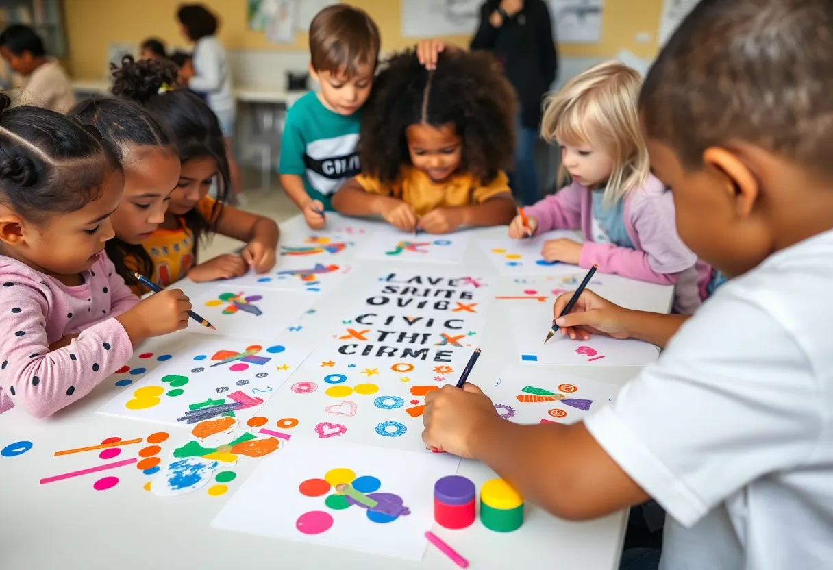 Students participating in a sticker design contest