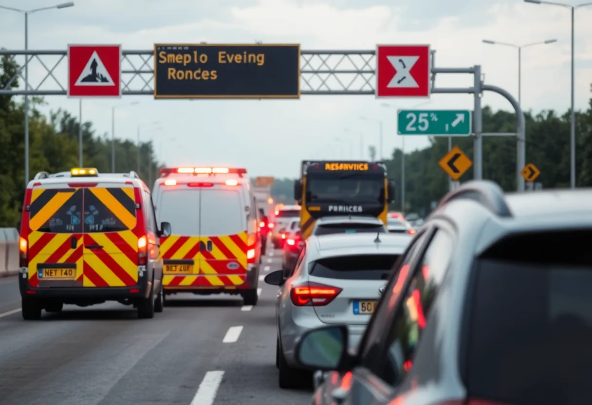 Traffic jam on I-26 eastbound with emergency response vehicles