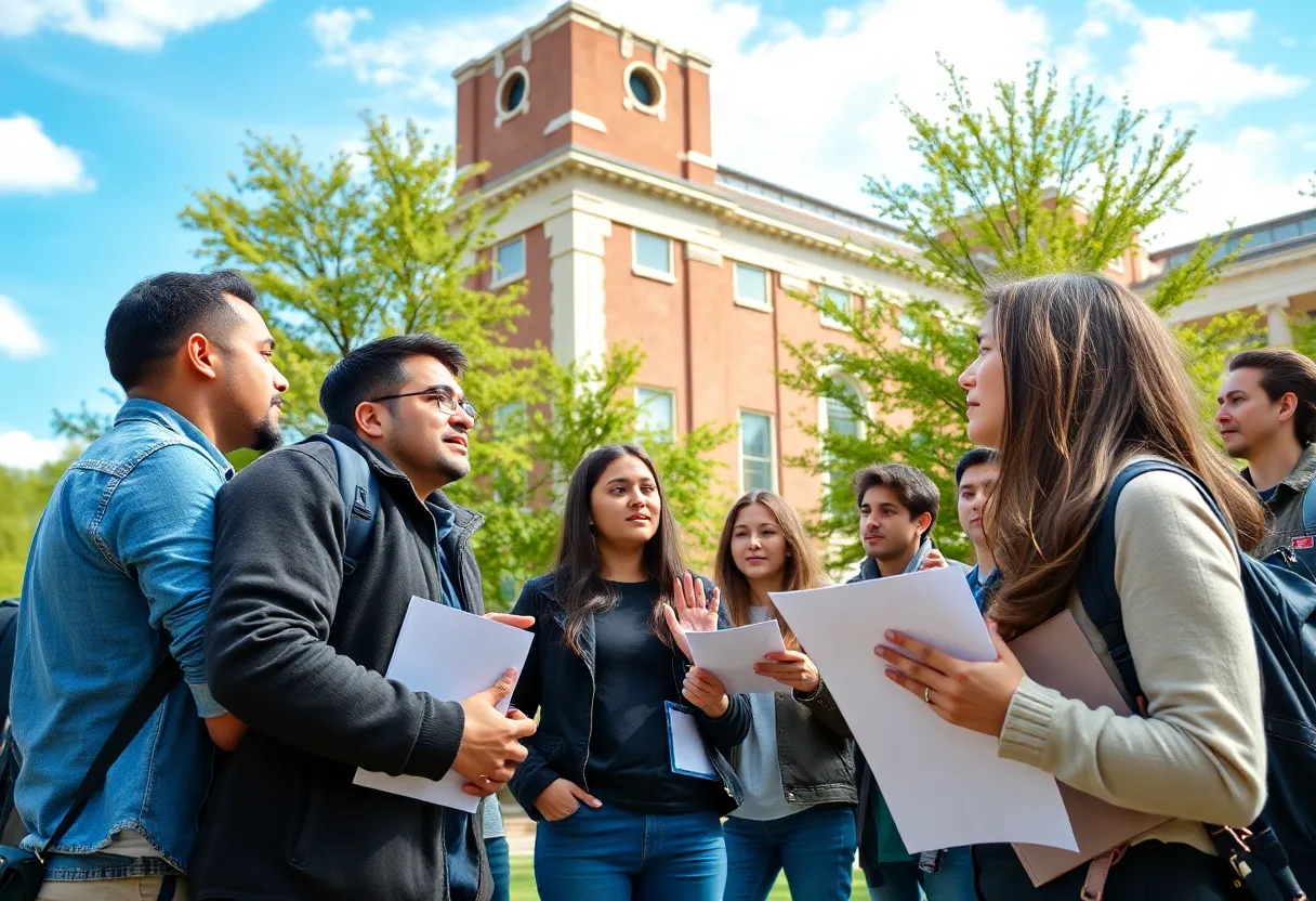 Students at university discussing free speech issues outdoors.