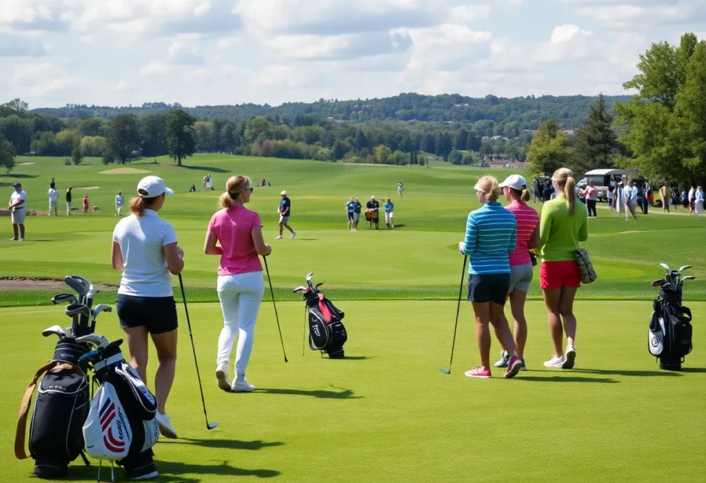 Scene from a women's golf tournament at a scenic golf course.