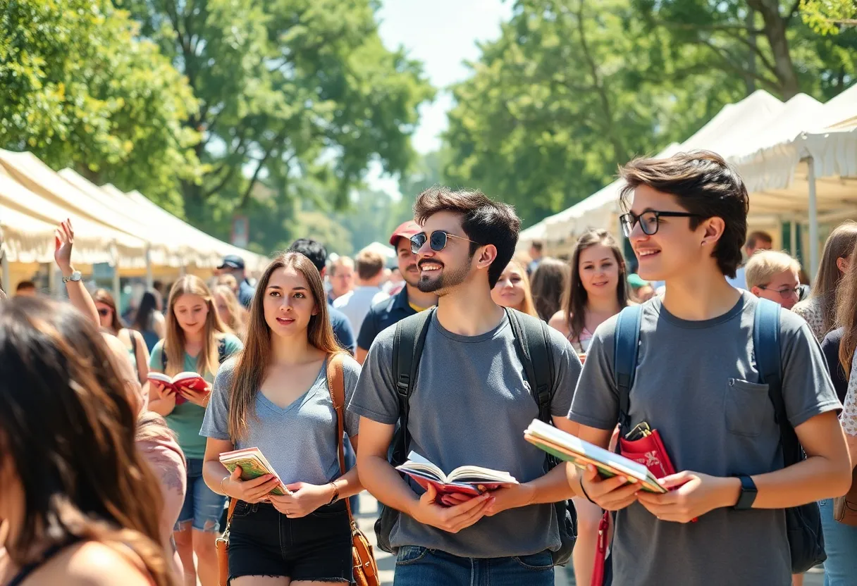 Attendees enjoying YALLFest with authors and books in a sunny Charleston setting.