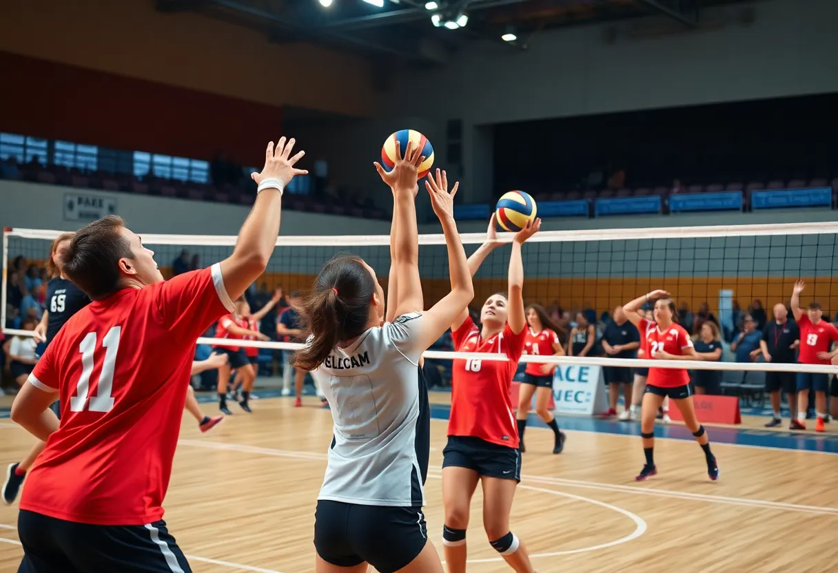 Action shot of a volleyball game between Youngstown State and Quinnipiac.