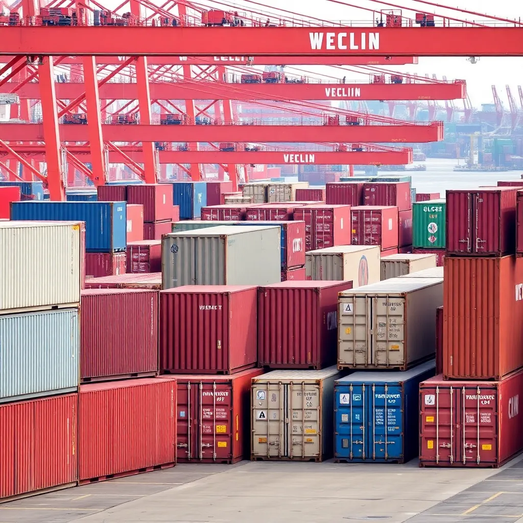 Overloaded shipping containers at bustling freight terminal.