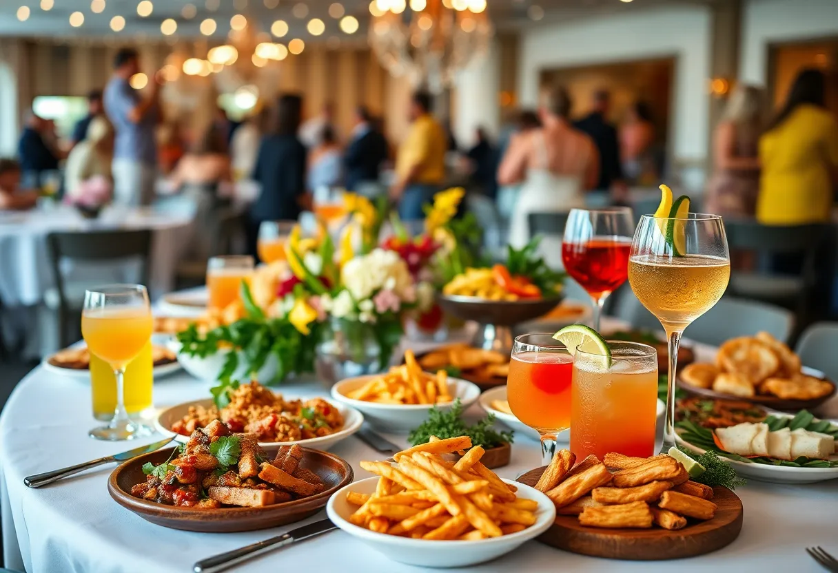 A table set for the Bourbon & Bounty supper in Charleston, featuring Southern dishes and drinks.