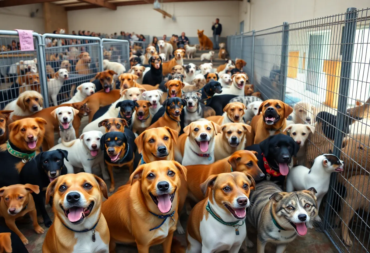Dogs and cats in a crowded animal shelter awaiting adoption