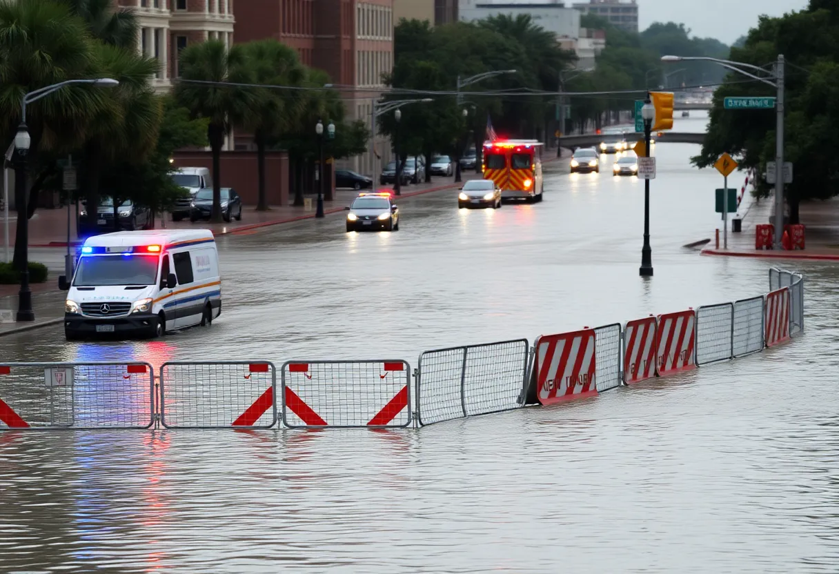 Flooded streets of downtown Charleston with emergency vehicles