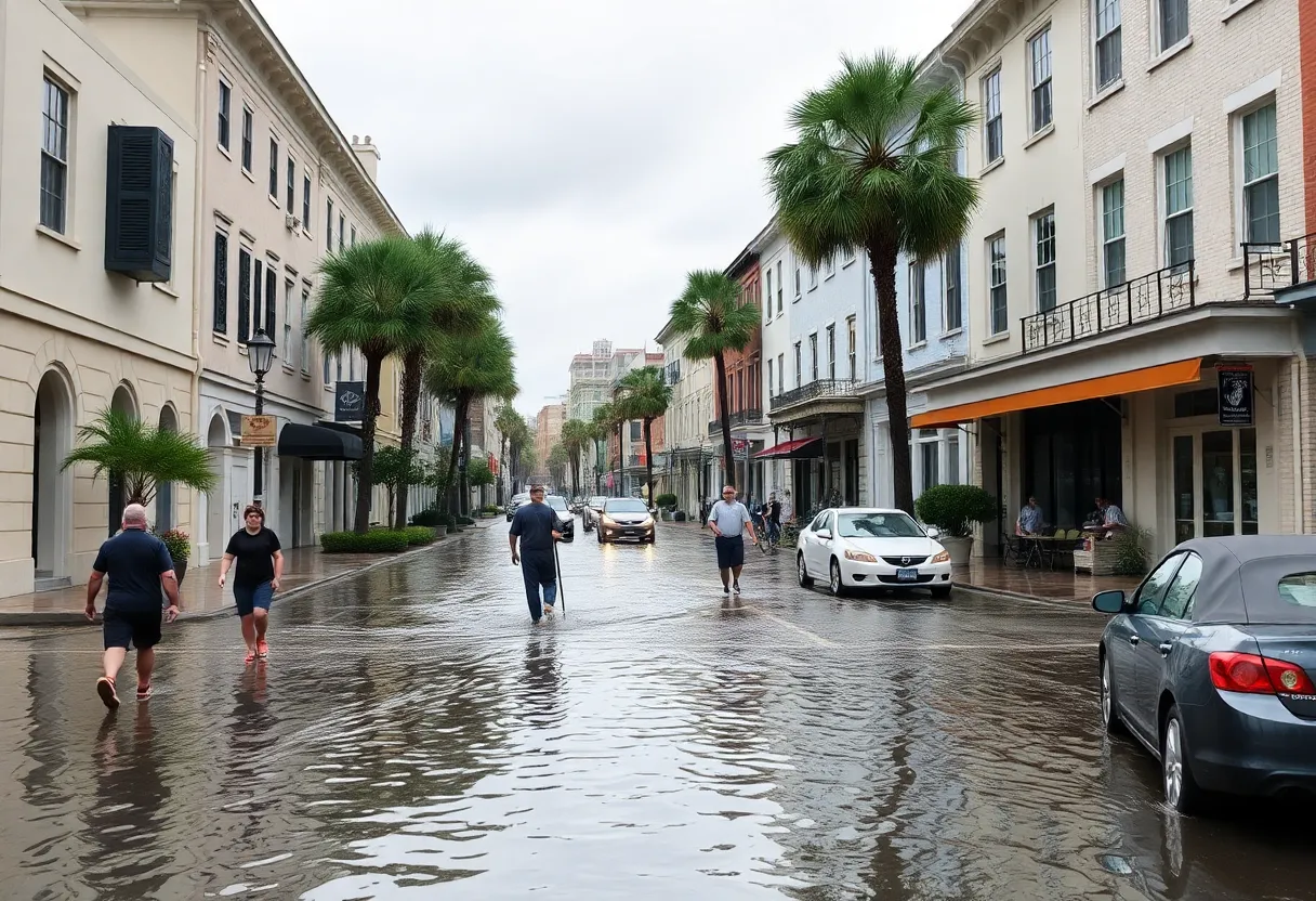 Downtown Charleston street flooded with water and people navigating through the floodwaters.