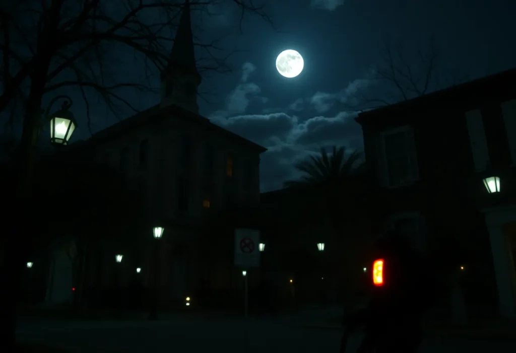 Participants engaged in ghost hunting in downtown Charleston under a full moon.