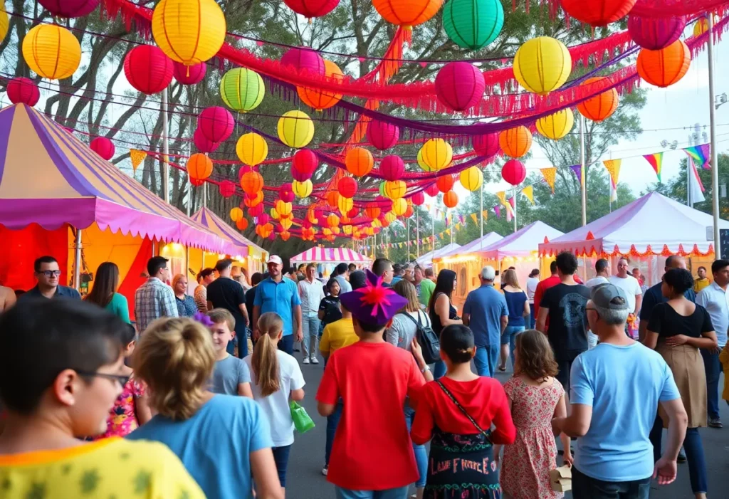 Families enjoying the Charleston Halloween carnival with colorful decorations and festive activities.