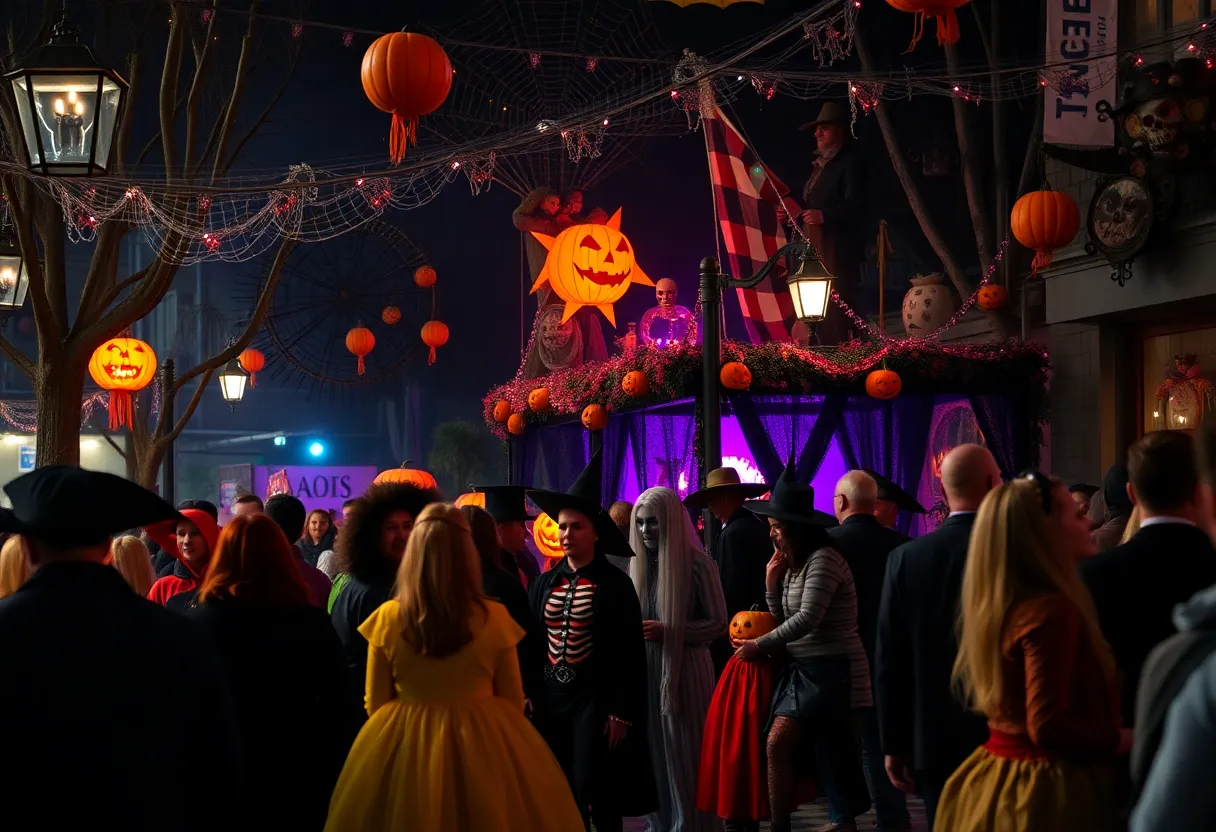 Festive Halloween celebration in Charleston with costumes and decorations