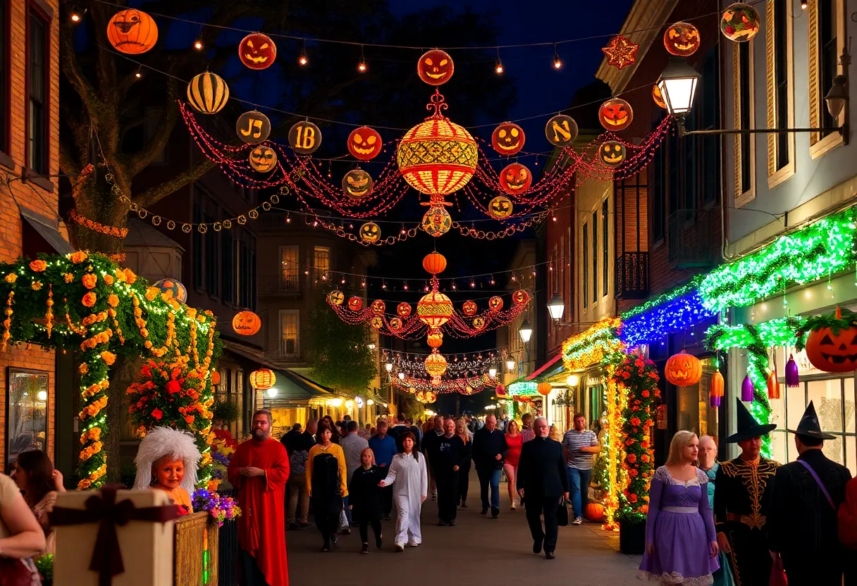 Street scene in Charleston celebrating Halloween with decorations and costumes