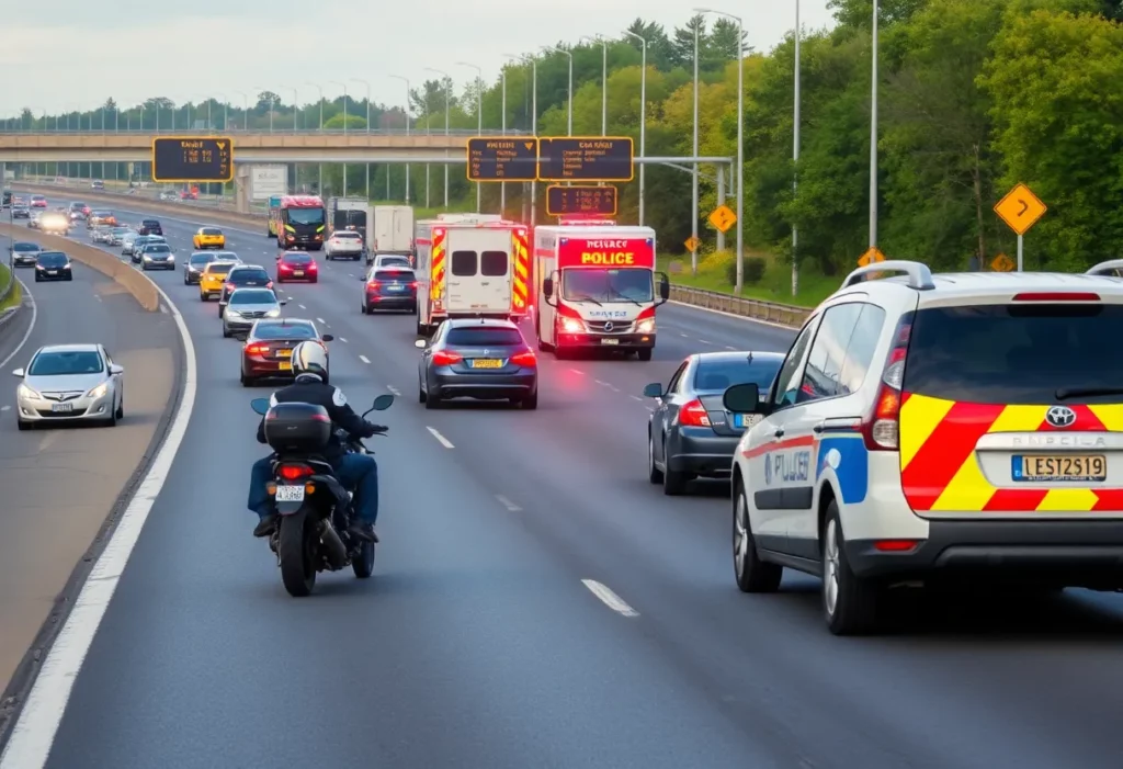 Scene of a motorcycle collision involving police and traffic diversion