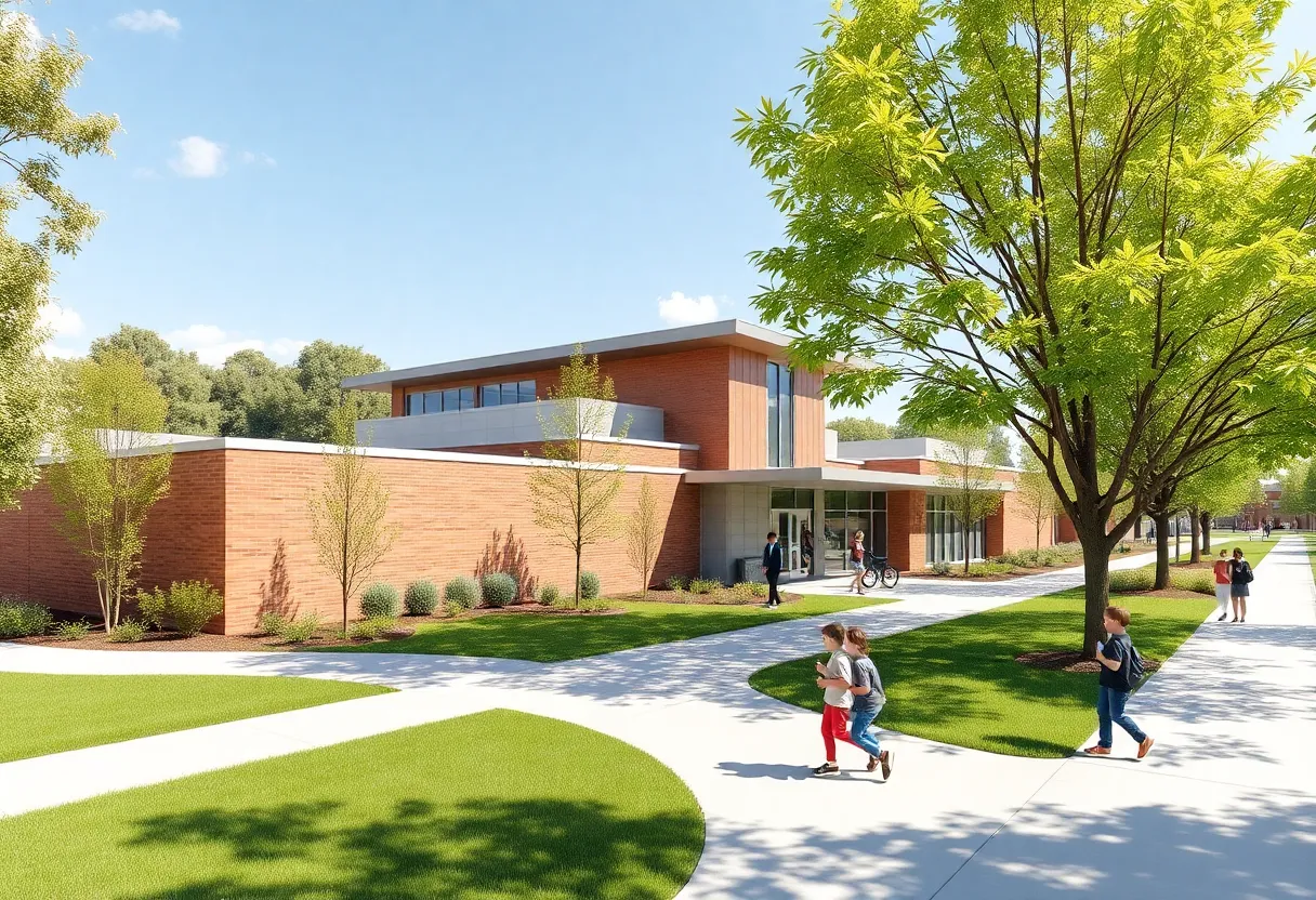 Conceptual design of the new Charleston elementary school surrounded by greenery.
