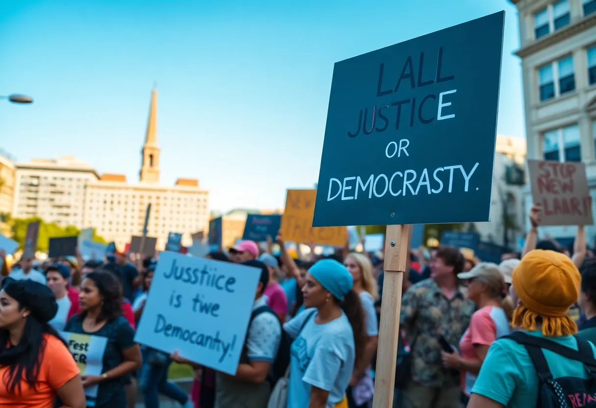 Large crowd demonstrating during the No Kings protest in Charleston, SC
